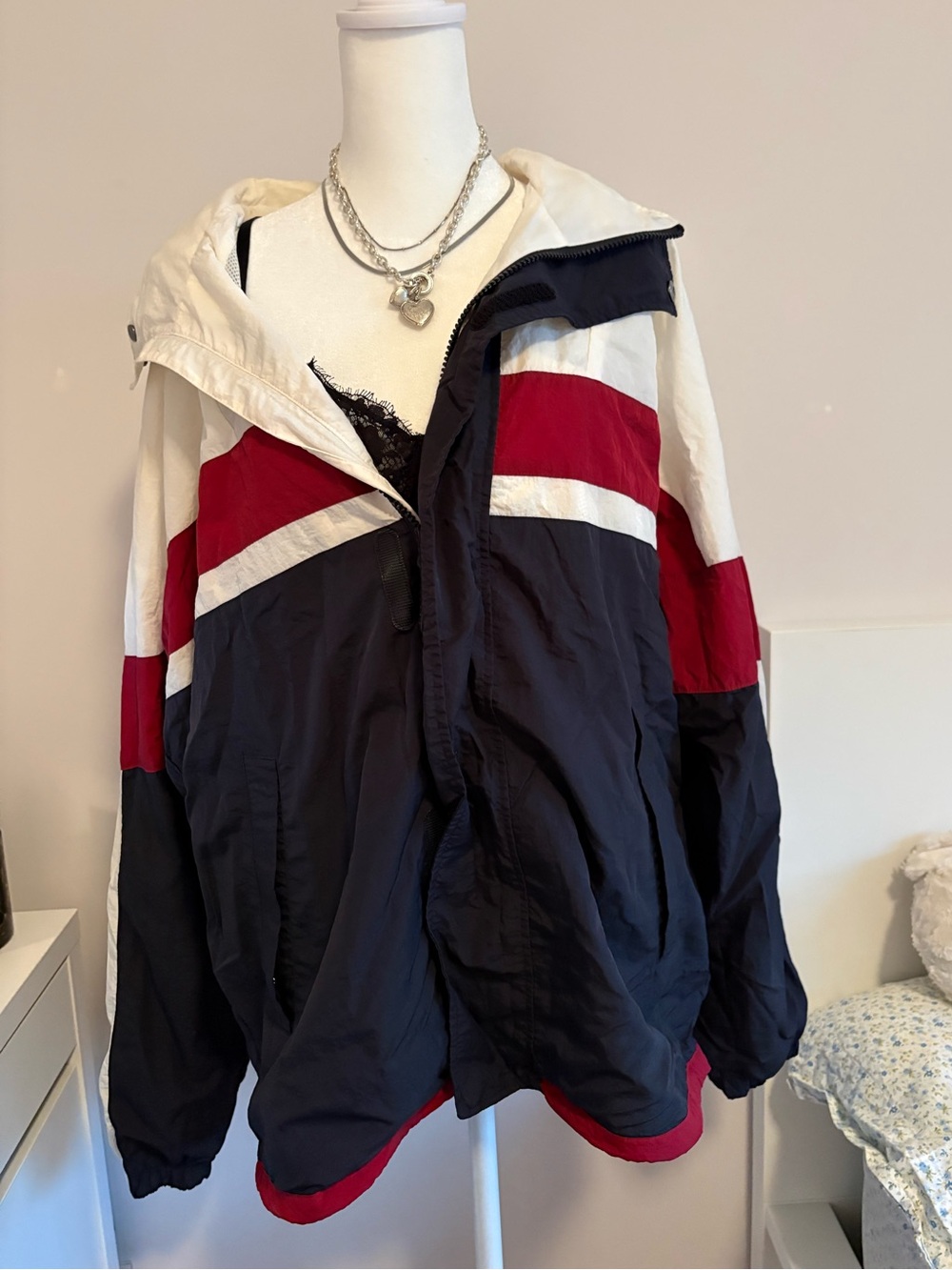 New Balance Navy White Red Colorblock Hooded Windbreaker
